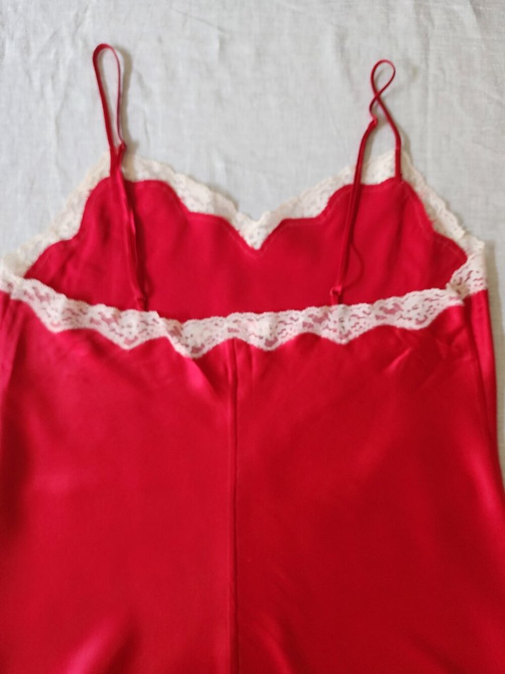 VTG Victoria’s Secret Red Satin Lace Slip Dress Medium High Thigh Slit - Picture 5 of 8